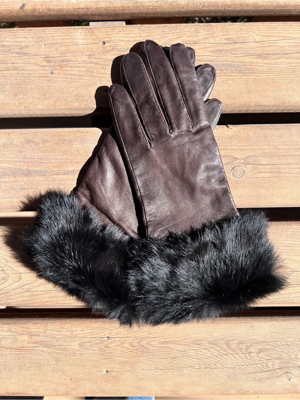 Genuine Leather Rabbit Fur Cuff Gloves Brown Black Size 8 Winter Luxury